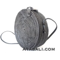 Ata Rattan round flower pattern handwoven bag in black